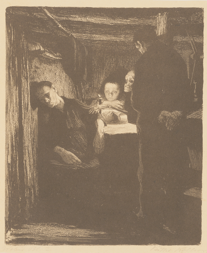 Käthe Kollwitz: Tod, Blatt 2 aus dem Zyklus „Ein Weberaufstand”, 1893–1897, Kulturstiftung Sachsen-Anhalt, Kunstmuseum Moritzburg Halle (Saale), Foto: Kulturstiftung Sachsen-Anhalt Käthe Kollwitz: Tod, Blatt 2 aus dem Zyklus „Ein Weberaufstand”, 1893–1897, Kulturstiftung Sachsen-Anhalt, Kunstmuseum Moritzburg Halle (Saale), Foto: Kulturstiftung Sachsen-Anhalt