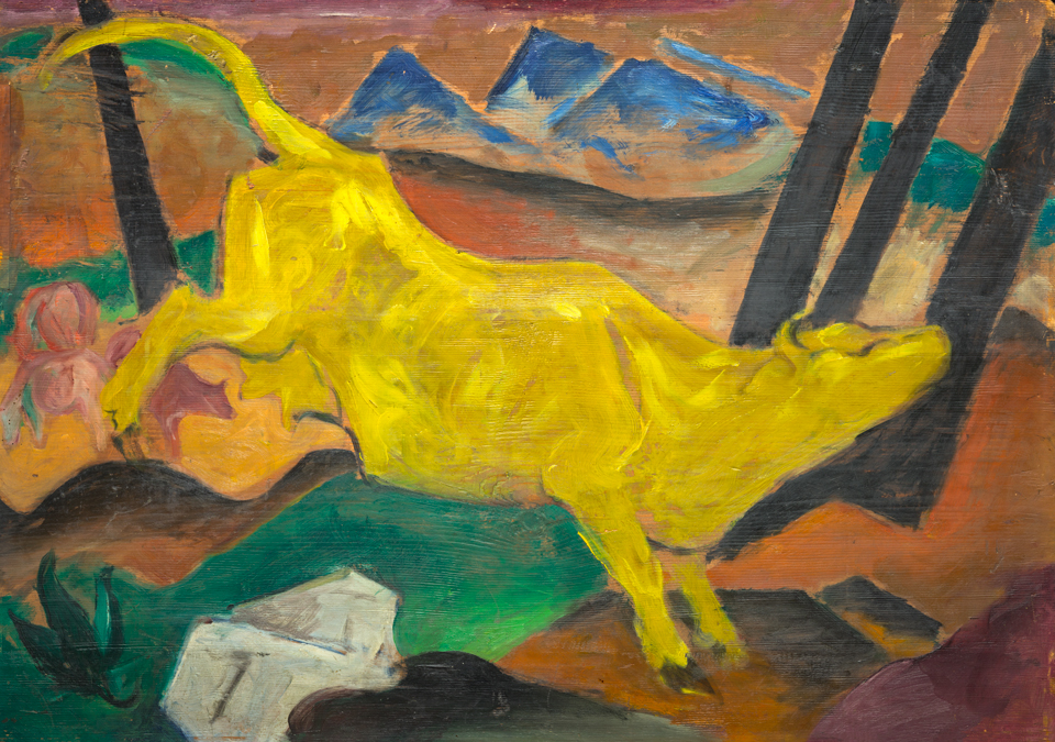 Franz Marc: Die gelbe Kuh, 1911, Öl auf Holz, 62,5 x 87,5 cm, Dauerleihgabe Sammlung Kracht, Kulturstiftung Sachsen-Anhalt, Kunstmuseum Moritzburg Halle (Saale), Foto: Punctum/Peter Franke